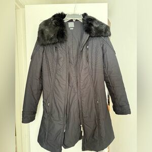 Armani Exchange Black Trench Coat with Faux Fur Collar